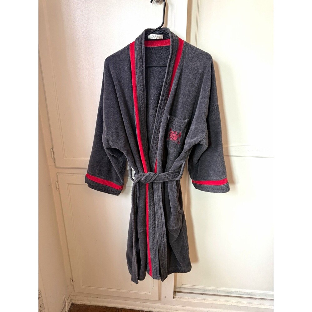 Vintage 20th Century Fox Gray Red Cotton Bathrobe Made USA Belted